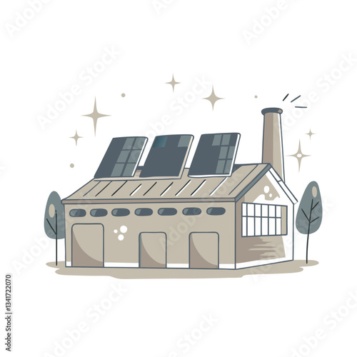 Eco-friendly factory vector illustration featuring a sustainable industrial building with solar panels on the roof, trees, and clean energy elements.