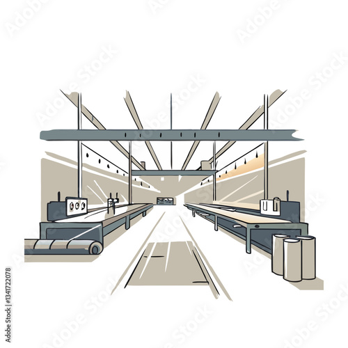 Textile manufacturing vector illustration showcasing an industrial production line with fabric rolls, sewing machines, and a spacious, well-lit factory environment.