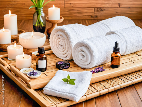 towels and bottles of essential oille table in bathroom