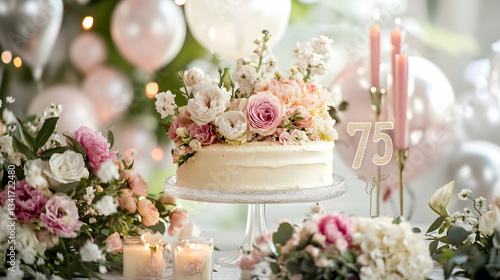 Elegant 75th birthday cake with fresh floral arrangement
