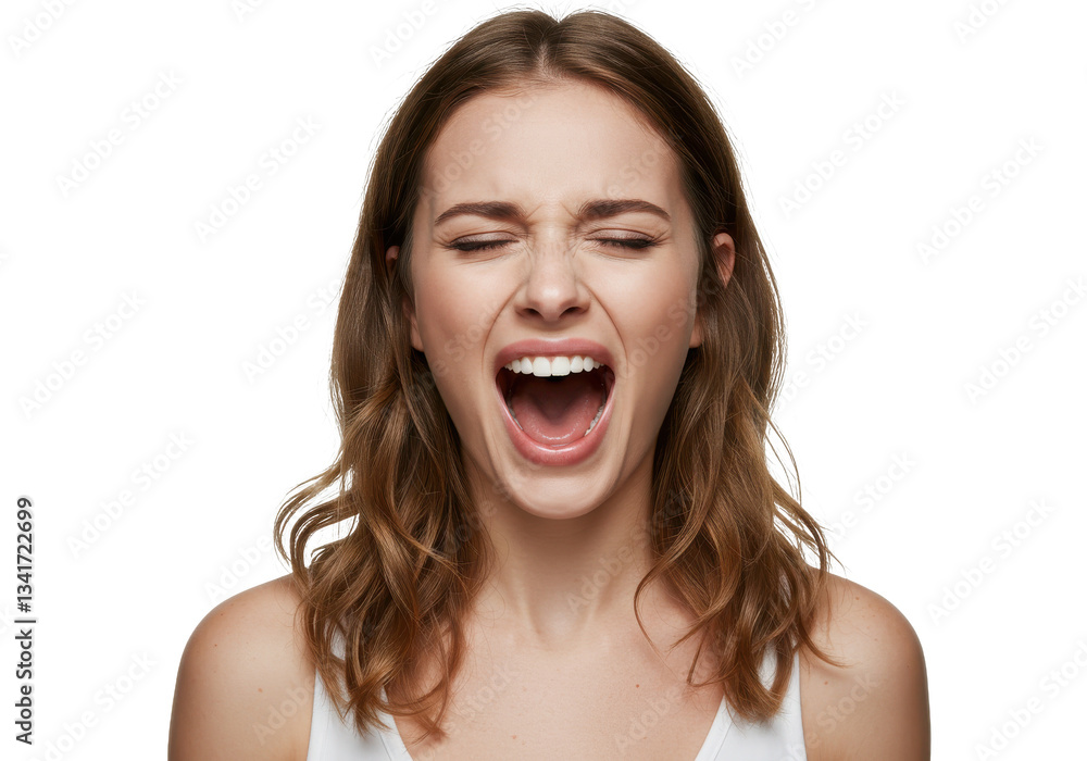Indoor photo of young beautiful woman isolated on white background screaming loudly with emotional expression on face with eyes closed and mouth open wide isolated on White background Indoor photo of young beautiful woman isolated on white background screaming loudly with emotional expression on face with eyes closed and mouth open wide isolated on White background