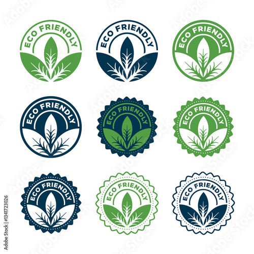 Eco-friendly logos and badges with leaves in round shape
