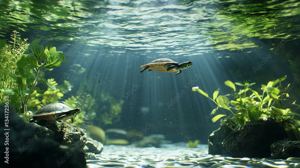 Fototapeta premium River ecosystem with fish, turtles, and water plants