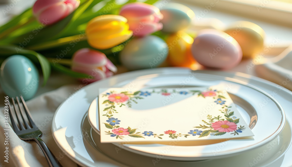 Decorative napkin mockup with flowers and Easter decor Decorative napkin mockup with flowers and Easter decor