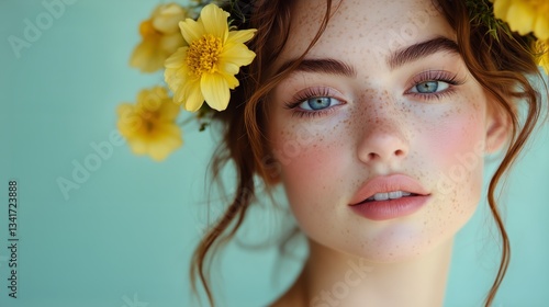 Young Woman With Bright Eyes and Flower Crown Poses Against a Mint Green Back...