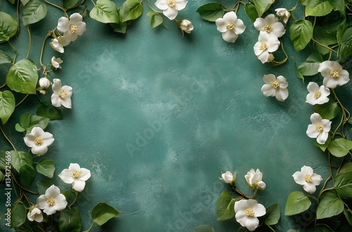 White Blossoms and Green Leaves Framing a Textured Surface in a Bright, Natur...