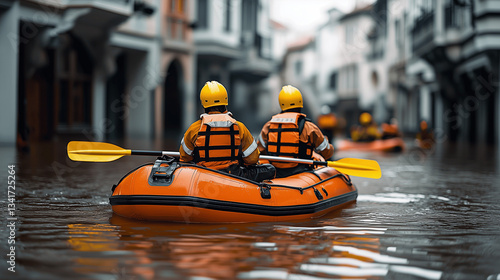 Rescuers in a Rubber Boat Evacuating People During a Flood
