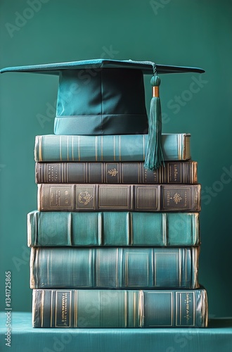 Graduation Cap Rests Atop Stacked Green Books Against a Solid Background