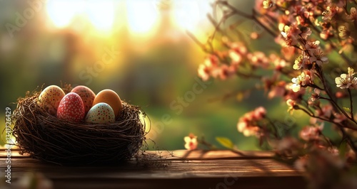 Colorful Easter Eggs in a Nest Surrounded by Blooming Flowers at Sunrise