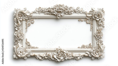 A white antique-style frame with embossed floral accents and subtle gold detailing