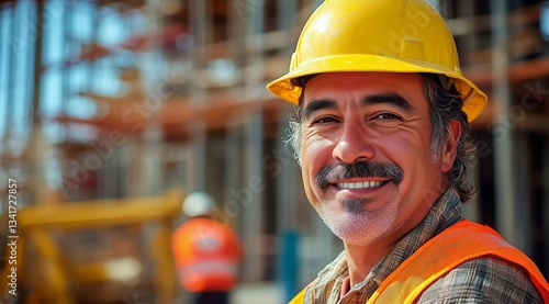 Construction Worker Smiles Confidently on Job Site in Bright Safety Gear Duri...