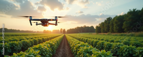 Agricultural Drone Flying Over Crop Field at Sunset – Precision Farming Technology photo