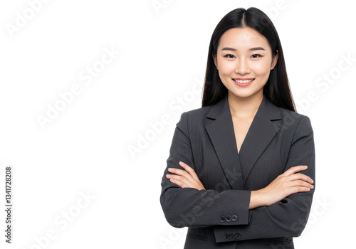 portrait of a business woman , beautiful Asian cute girl whit suit standing arms crossed isolated on White background