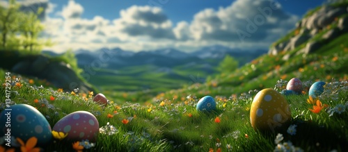 Colorful Eggs Scattered in a Vibrant Meadow Under a Sunny Sky in Springtime
