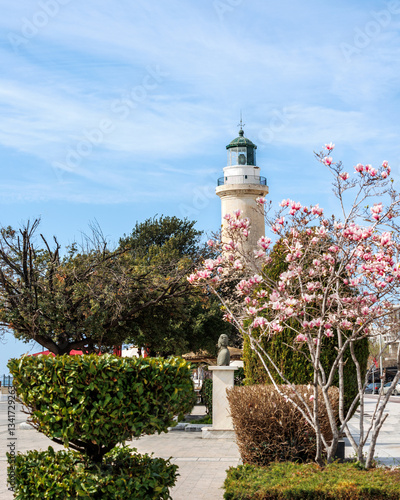 Fototapeta Naklejka Na Ścianę i Meble -  Spring period in the streets of Alexandroupolis Evros Greece, pink magnolia flowers near the Lighthouse, Greek English translation sign from the municipality, seaport and blue sky