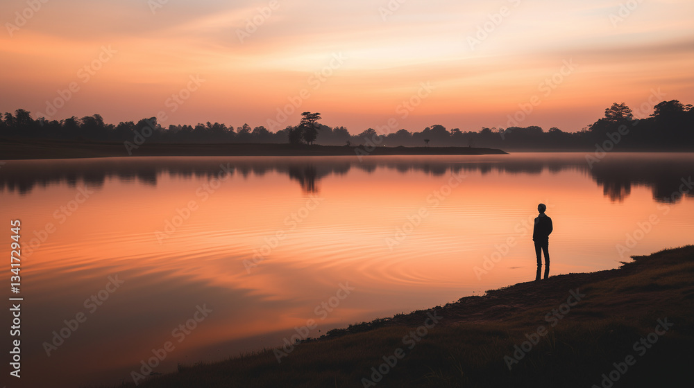 Fototapeta premium Standing quietly at the edge of a serene lake during sunset reflection