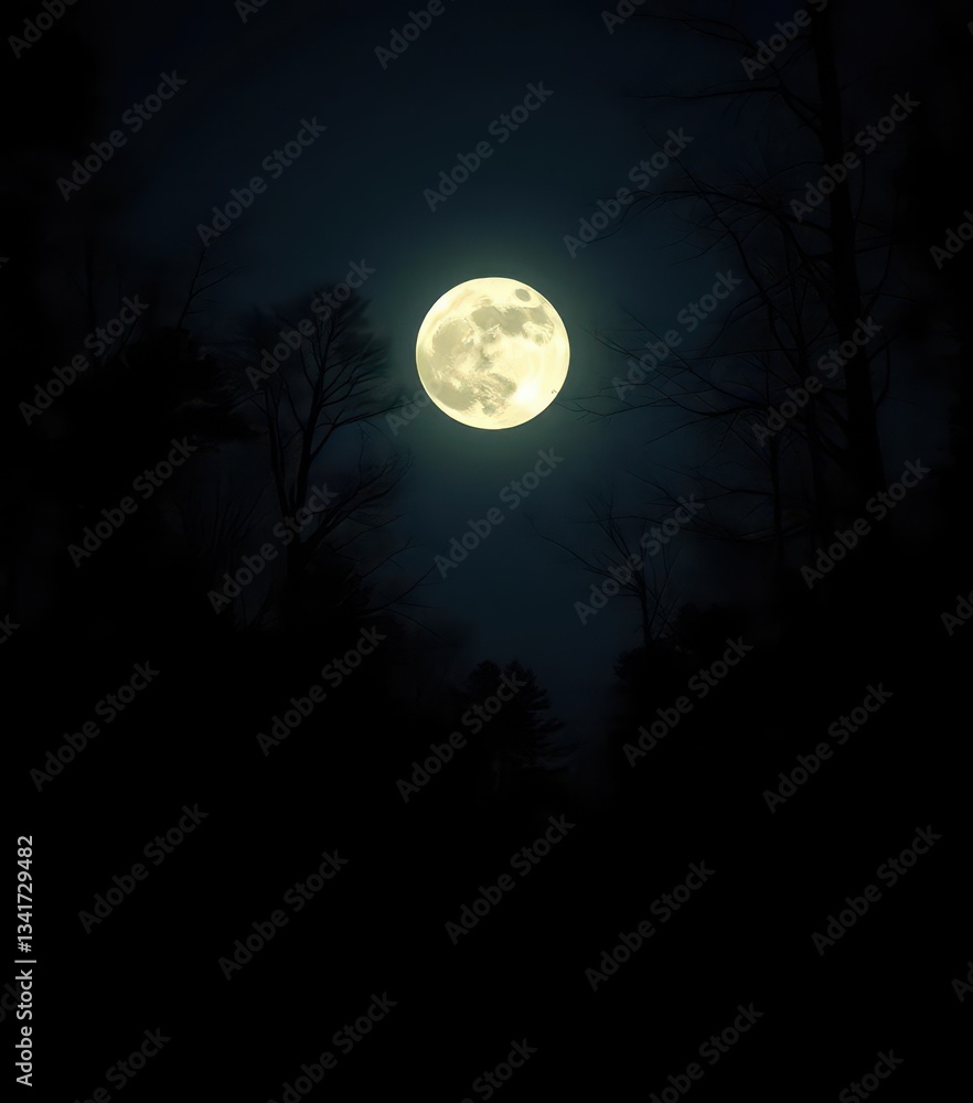Full moon casts an ethereal glow on a dark, shadowy forest, woods, silhouettes, fox Full moon casts an ethereal glow on a dark, shadowy forest, woods, silhouettes, fox