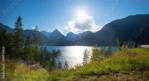 Obraz na płótnie view from lakeside road to lake Achensee and tirolean alps w salonie