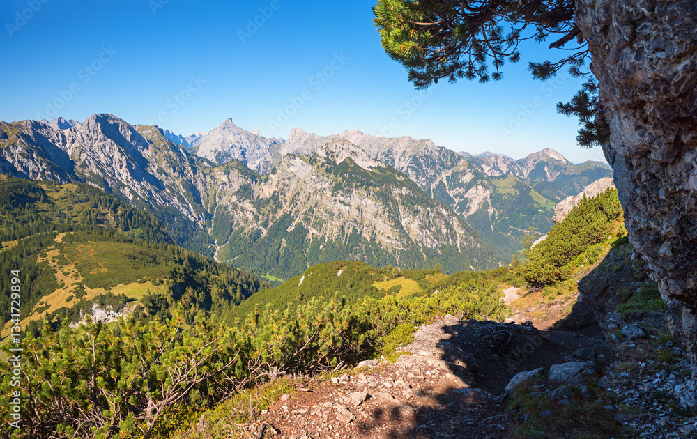 adventurous hiking trail Baerenkopf mountain, view to Karwendel alps