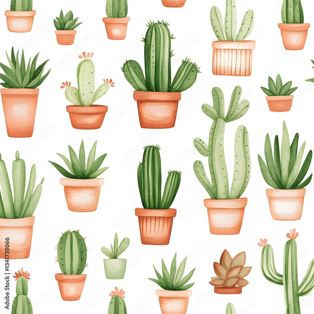 A seamless pattern of hand-painted watercolor cacti and succulents in earthy tones. A seamless pattern of hand-painted watercolor cacti and succulents in earthy tones.