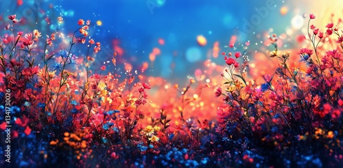 Colorful Wildflowers Blooming in a Vibrant Meadow During Sunset