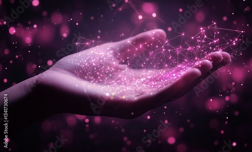 Hand Holding Glowing Particles in a Colorful Digital Space at Night