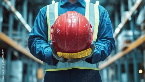 Construction Worker Holds Red Safety Helmet in Warehouse Environment With Yel...