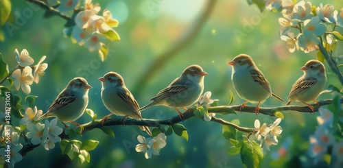 Sparrows Perched Among Blooming Flowers During Sunset in a Vibrant Spring Garden