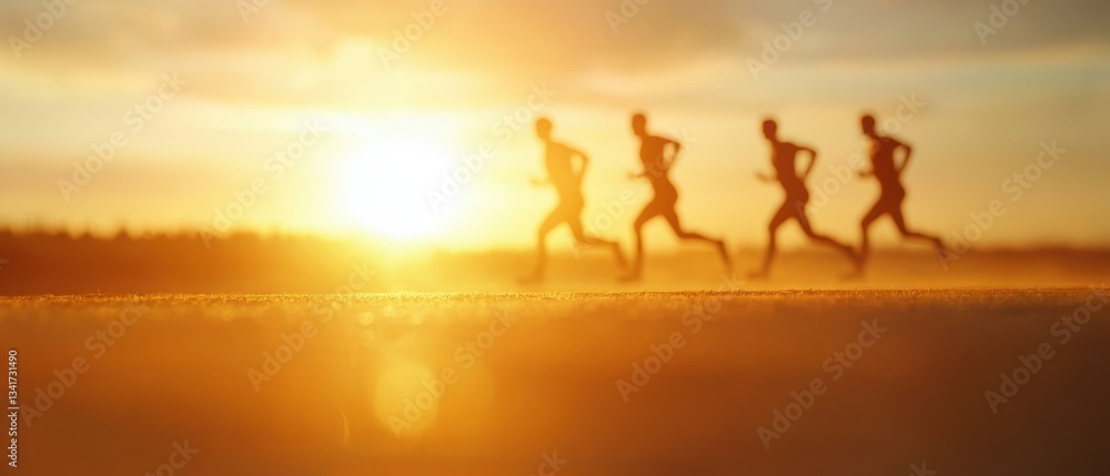 Silhouetted figures running towards a sunset, symbolizing speed, movement, and endurance in an inspiring outdoor setting.