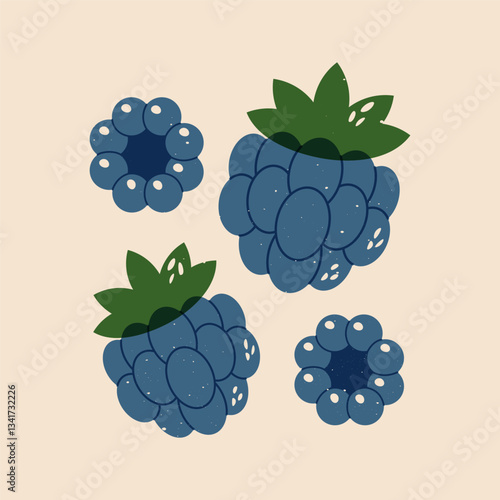 Fresh blackberry icons. Ripe black berries fruits risograph print effect, sweet organic vegetarian food, healthy diet ingredient, juicy wildberries. Vector isolated set