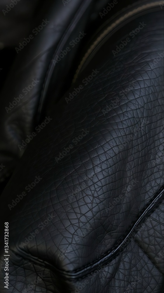 Fototapeta premium A detailed shot of a black leather jacket, highlighting the intricate stitching and textured grain.