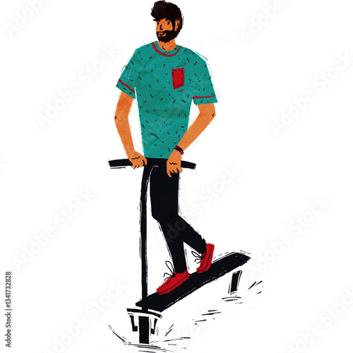 Happy male scooter driver riding illustration.