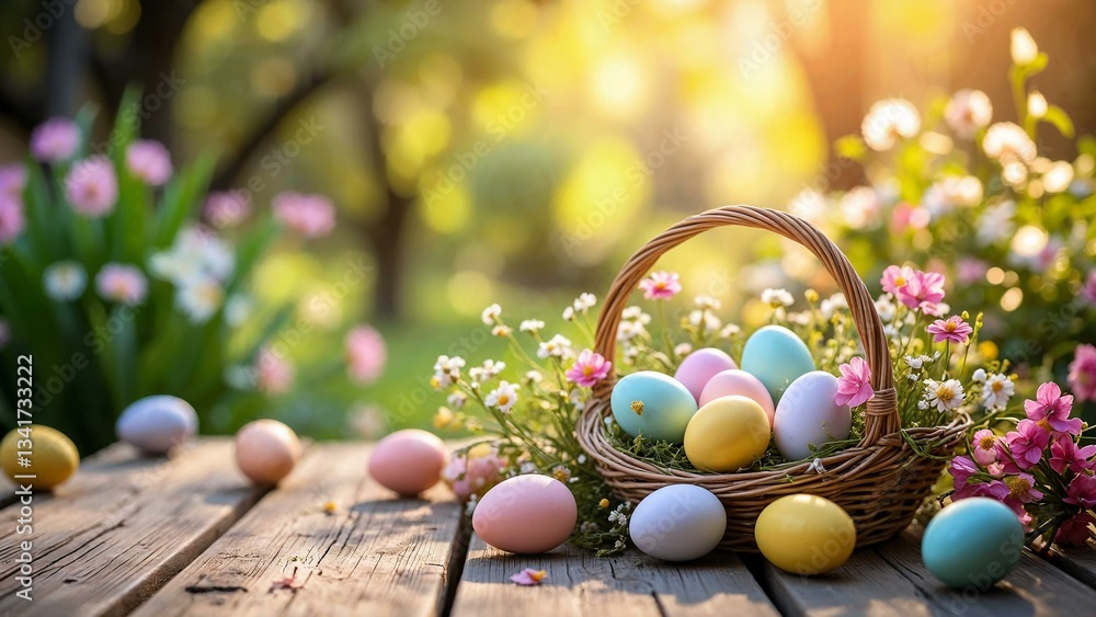 Obraz premium Warm and festive Easter arrangement with pastel eggs and flowers on a rustic wooden table