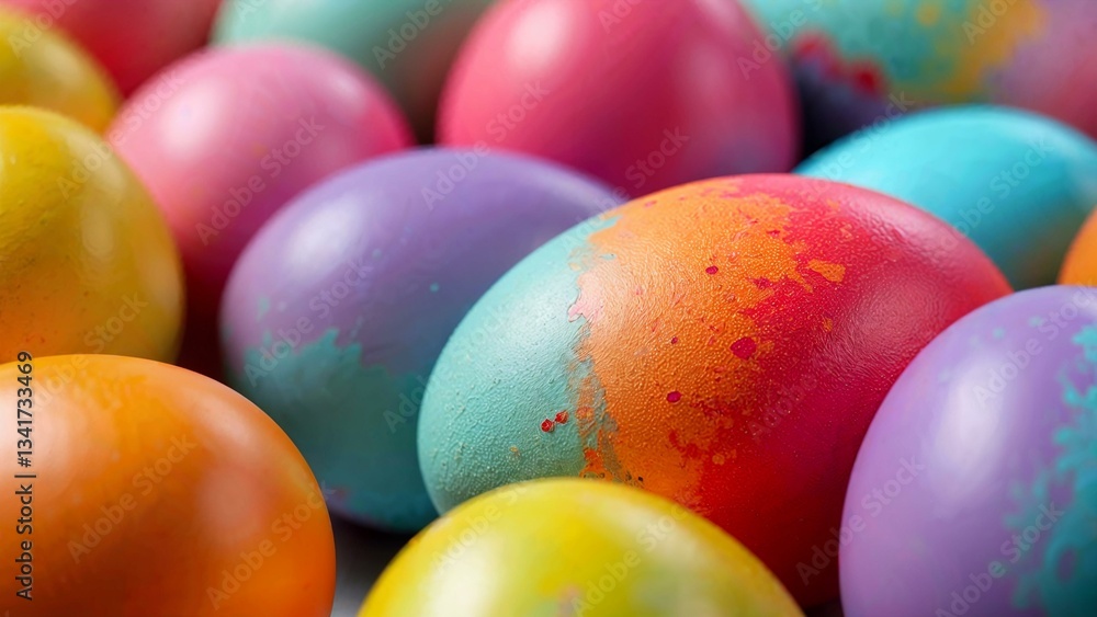 Macro shot of colorful Easter eggs with glossy finishes in vibrant arrangement Macro shot of colorful Easter eggs with glossy finishes in vibrant arrangement