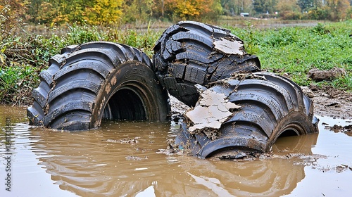 tire with visible cracks and damage, partially submerged in a polluted lake, showing the gradual breakdown of tires and their negative impact on aquatic ecosystems. [Used tires]:[Impact on the 