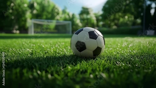 Close-up of a soccer ball on grassy field with goal post in background, copy space