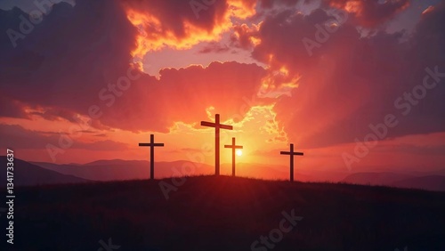 Breathtaking sunset with three crosses in an open valley for Easter background