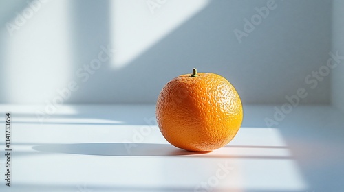Single orange on white surface with sun shadows