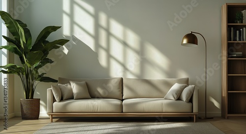 Modern Living Room With a Cozy Sofa and Indoor Plant in Soft Natural Light