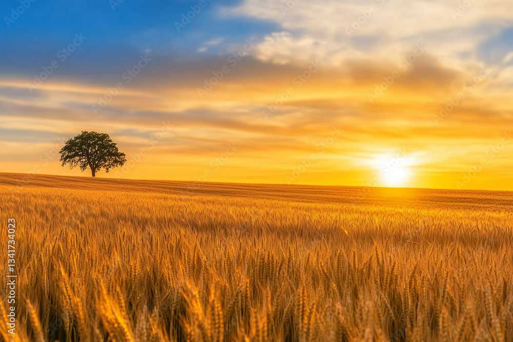 Obraz premium Golden sunset over a wheat field with a solitary tree