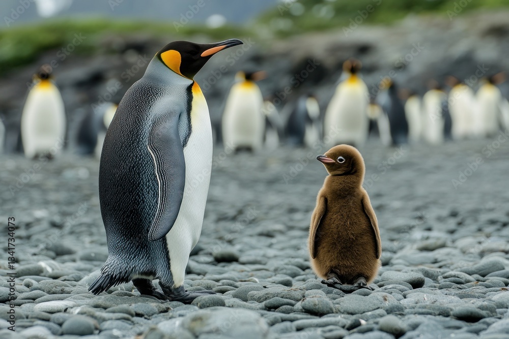 Fototapeta premium King Penguin chick and parent on a rocky Antarctic beach with a colony in background