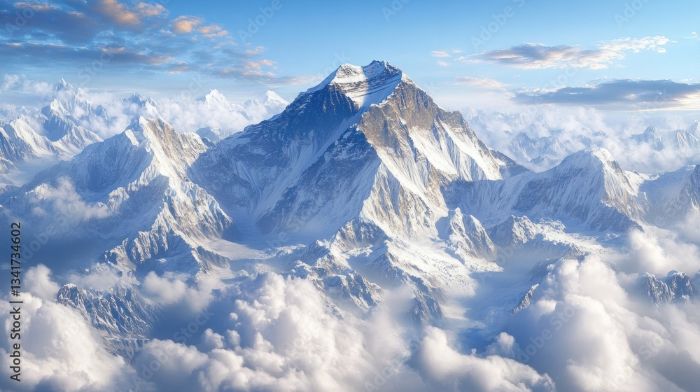Majestic panoramic view of snow-capped mountains enveloped in ethereal clouds Majestic panoramic view of snow-capped mountains enveloped in ethereal clouds