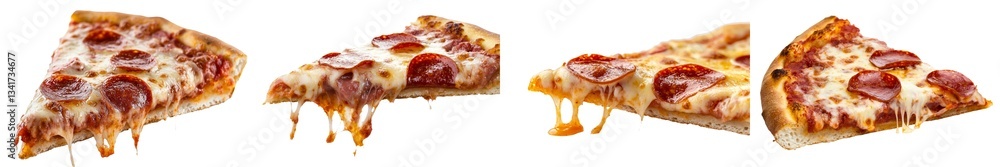 Template of a stock image depicting a flavorful slice of pepperoni pizza floating on a clean white background Template of a stock image depicting a flavorful slice of pepperoni pizza floating on a clean white background