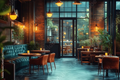 Cozy Evening Ambiance in a Stylish Restaurant With Warm Lighting and Greenery