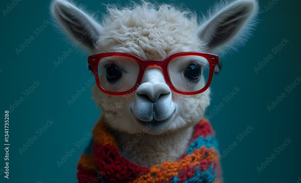 Llama Wearing Colorful Scarf and Glasses with Friendly Expression Llama Wearing Colorful Scarf and Glasses with Friendly Expression