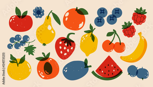 Fruits and berries. Vintage botanical print with apple, cherry, plum, strawberry, blackberry, blueberry, raspberry, gooseberry risograph style. Vector isolated set