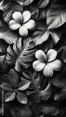 Monochrome Floral Embrace: A striking black and white photograph captures the delicate beauty of plumeria blossoms nestled amidst an array of lush tropical foliage. 