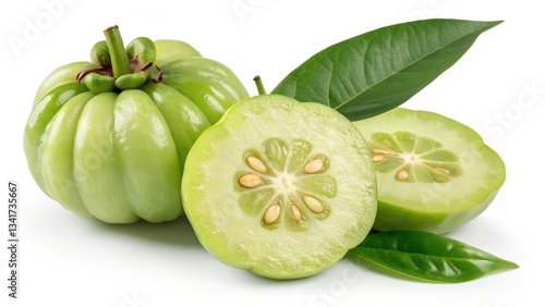 Garcinia Cambogia Fruit with Leaves and Sliced Piece