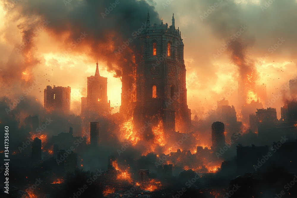 Fototapeta premium A city is on fire with a large building in the middle