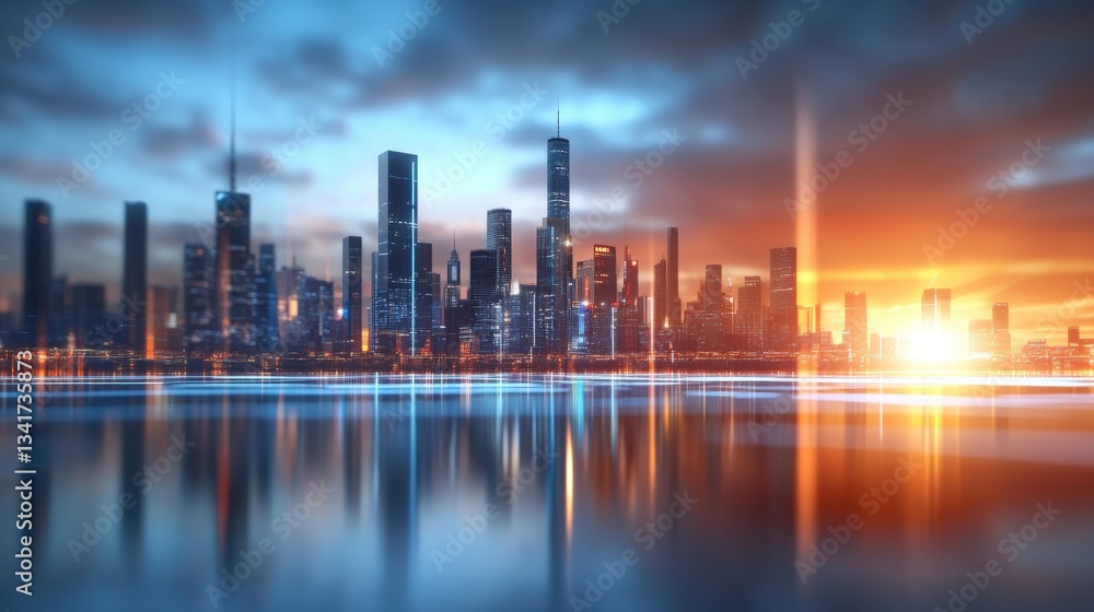 Fototapeta premium Dynamic urban sunrise reflection city skyline digital artwork calm waters wide angle view modern aesthetics for seo impact